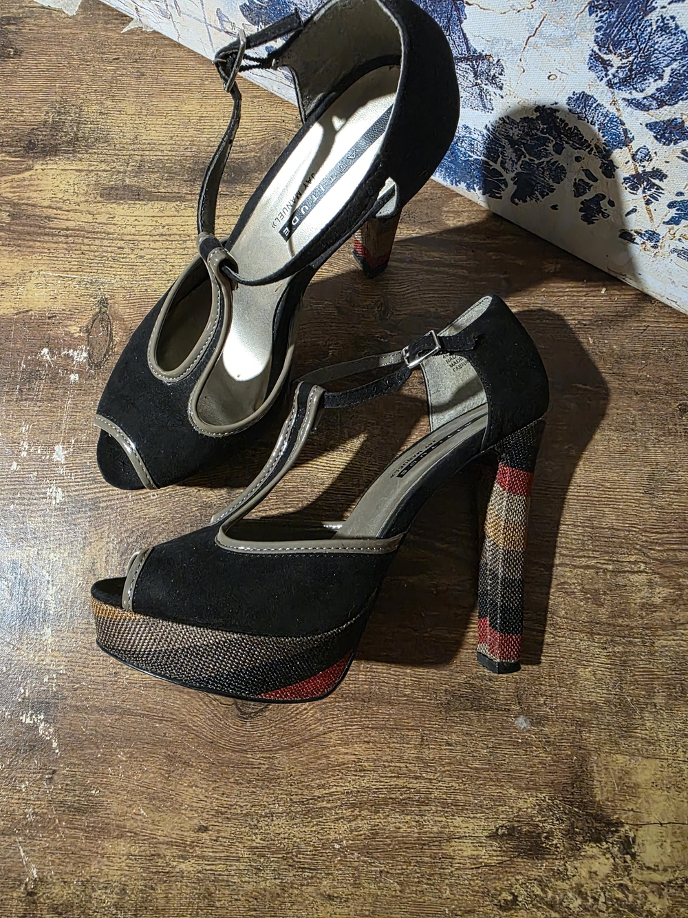 Stunning Black T-Strap Platform Heels with Multicolor Plaid Heel